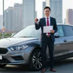 Microempreendedor individual feliz ao lado de seu carro novo, simbolizando o sucesso no financiamento de veículos para MEI.