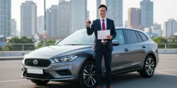 Microempreendedor individual feliz ao lado de seu carro novo, simbolizando o sucesso no financiamento de veículos para MEI.