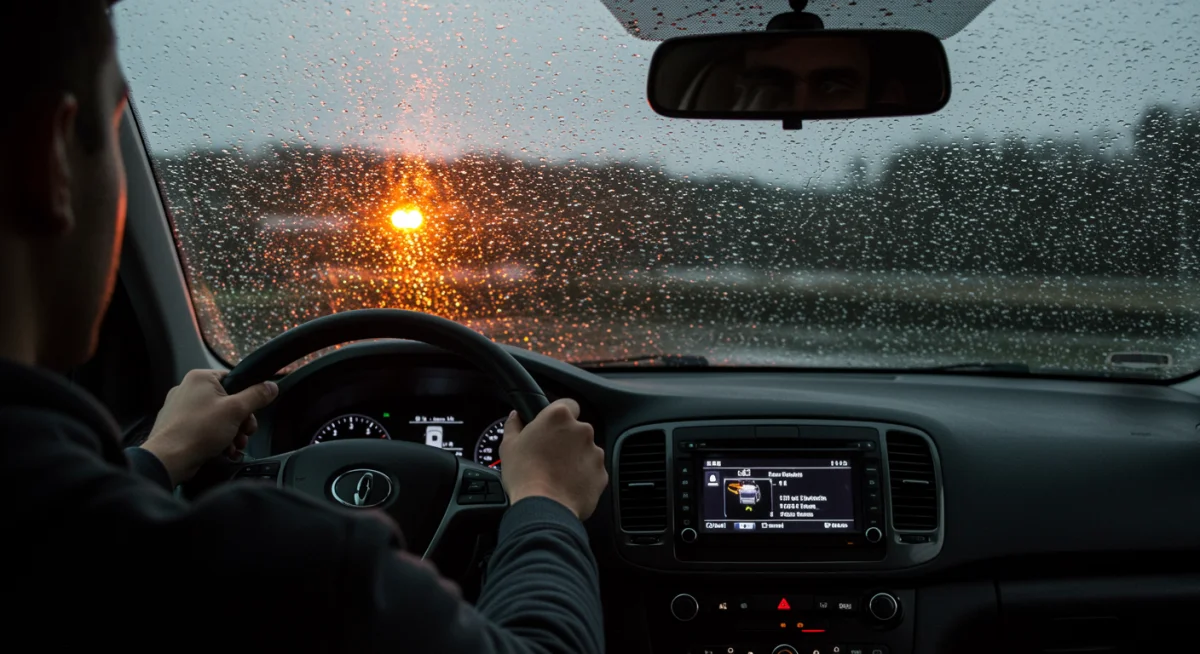 Motorista com as duas mãos firmes no volante, olhando atentamente através do para-brisa molhado pela chuva, demonstrando concentração e controle em condições adversas.