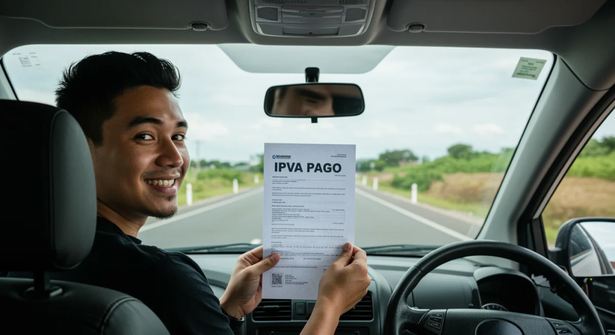 Motorista feliz com IPVA pago, simbolizando a tranquilidade de evitar multas e aproveitar descontos.