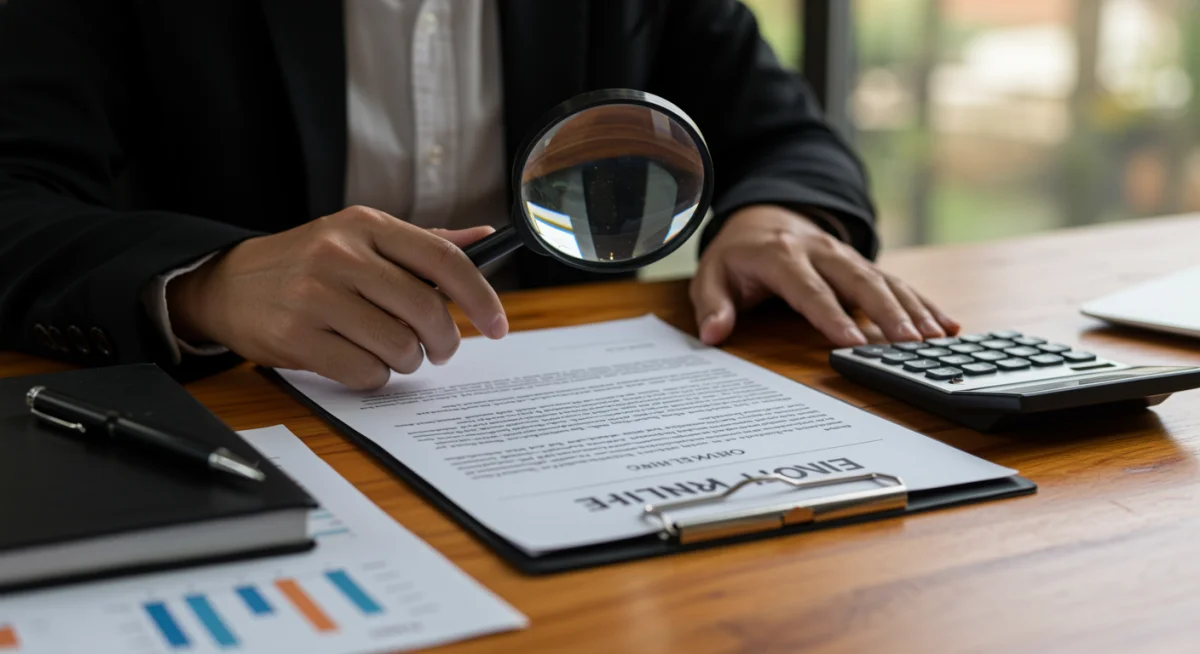 Pessoa analisando contrato de financiamento de carro com lupa e calculadora, destacando a importância da negociação.