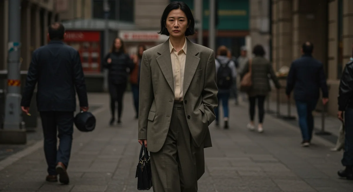 Character in chic oversized blazer and wide-leg trousers from a short drama