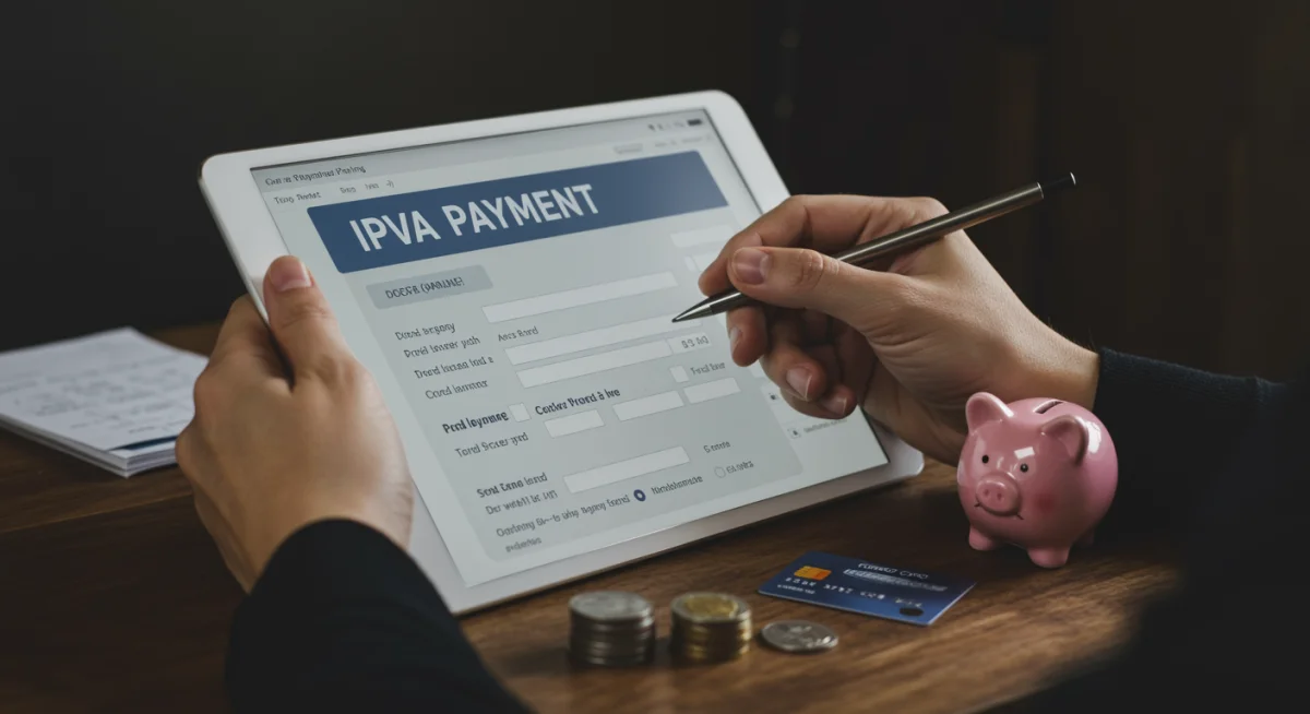 Mão preenchendo formulário online para pagamento do IPVA 2025, com cartão de crédito e cofrinho.