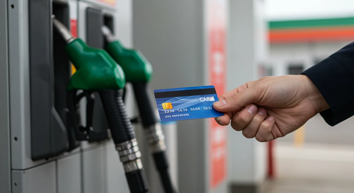 Mão segurando cartão de pagamento em posto de gasolina, pronta para abastecer.