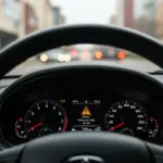 Painel de carro moderno com aviso de trânsito, simbolizando as novas regras do CTB 2025 e a importância de evitá-las.
