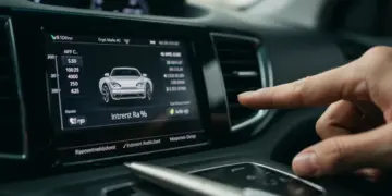Painel de carro com gráfico financeiro de juros baixos, simbolizando economia na portabilidade de financiamento de veículo.