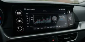 Painel de carro moderno com gráficos financeiros e ícones de leasing e financiamento, simbolizando a escolha em 2025.