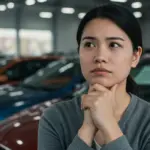 Pessoa preocupada em concessionária, pensando em financiamento de carro com score baixo.