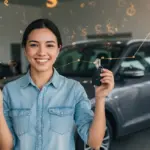 Pessoa sorrindo com chaves de carro, com gráfico de score de crédito positivo ao fundo