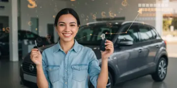 Pessoa sorrindo com chaves de carro, com gráfico de score de crédito positivo ao fundo
