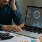 Pessoa confusa olhando para um simulador de financiamento em um notebook, com papéis espalhados, simbolizando erros comuns.