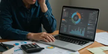 Pessoa confusa olhando para um simulador de financiamento em um notebook, com papéis espalhados, simbolizando erros comuns.