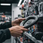 Pessoa examinando cuidadosamente acessórios automotivos em uma loja, focando na escolha inteligente de produtos para o carro.
