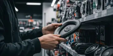 Pessoa examinando cuidadosamente acessórios automotivos em uma loja, focando na escolha inteligente de produtos para o carro.
