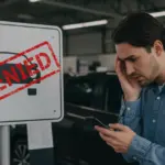 Pessoa frustrada com financiamento de carro negado em frente a concessionária, com carro ao fundo.
