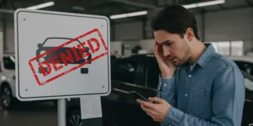 Pessoa frustrada com financiamento de carro negado em frente a concessionária, com carro ao fundo.