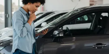 Pessoa analisando um carro usado com atenção, preparando-se para negociar o preço.