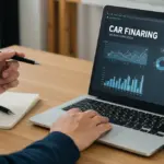 Pessoa usando um simulador de financiamento de carro em um laptop para planejar a compra em 2025, com gráficos e números na tela.
