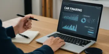 Pessoa usando um simulador de financiamento de carro em um laptop para planejar a compra em 2025, com gráficos e números na tela.