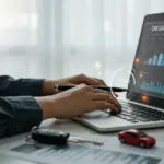Pessoa simulando financiamento de veículo em laptop, comparando taxas de juros de bancos para 2025.