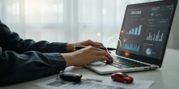 Pessoa simulando financiamento de veículo em laptop, comparando taxas de juros de bancos para 2025.