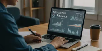 Pessoa simulando financiamento online em um laptop, com gráficos e números, planejando suas finanças.