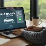 Pessoa simulando financiamento de veículo em laptop com aprovação facilitada.