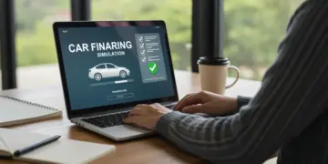 Pessoa simulando financiamento de veículo em laptop com aprovação facilitada.