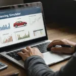 Pessoa usando um simulador de financiamento em um laptop, comparando opções de pagamento para um veículo.