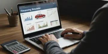 Pessoa usando um simulador de financiamento em um laptop, comparando opções de pagamento para um veículo.