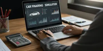 Pessoa utilizando um simulador de financiamento de veículos em um notebook