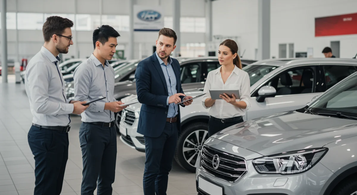 Grupo de pessoas discutindo opções de compra de carro em concessionária.