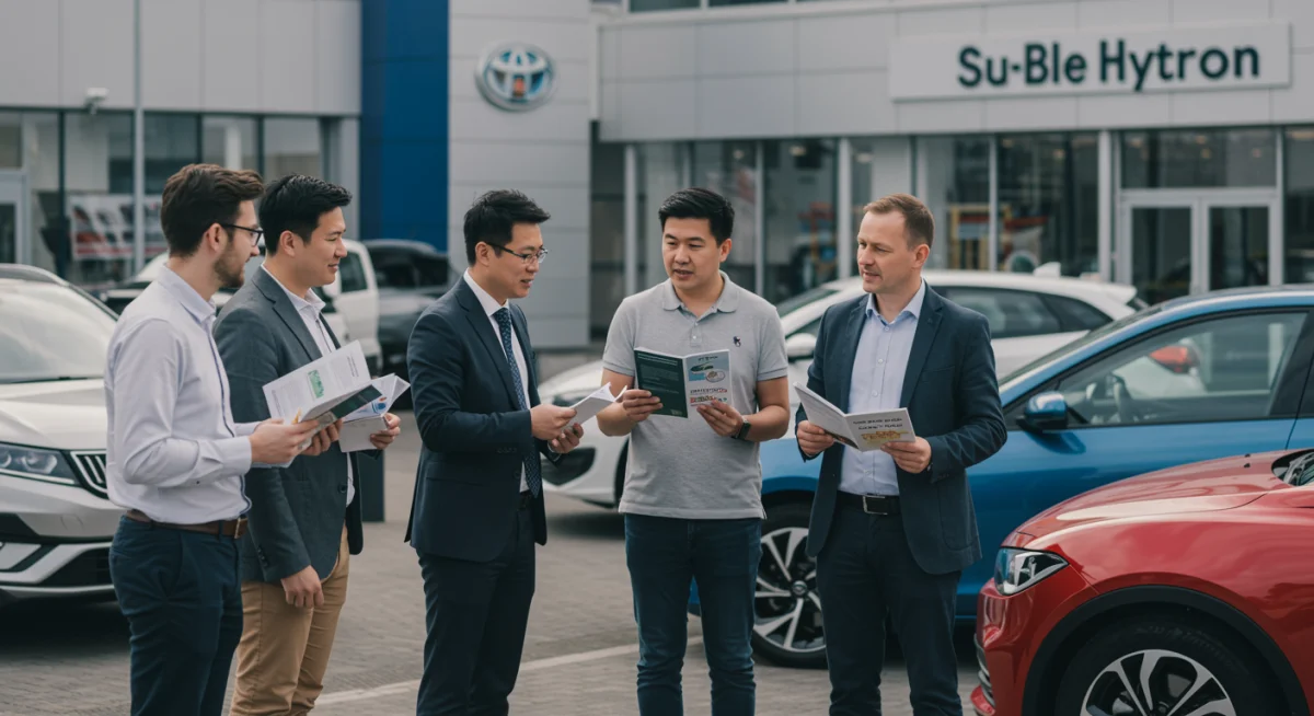 Grupo de pessoas diversas discutindo opções de transporte sustentável em concessionária com modelos de carros elétricos e híbridos.