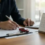 Pessoa organizando finanças com um calendário e um carro em miniatura, simbolizando planejamento para comprar um veículo.