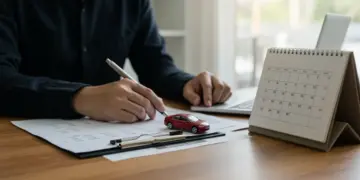 Pessoa organizando finanças com um calendário e um carro em miniatura, simbolizando planejamento para comprar um veículo.
