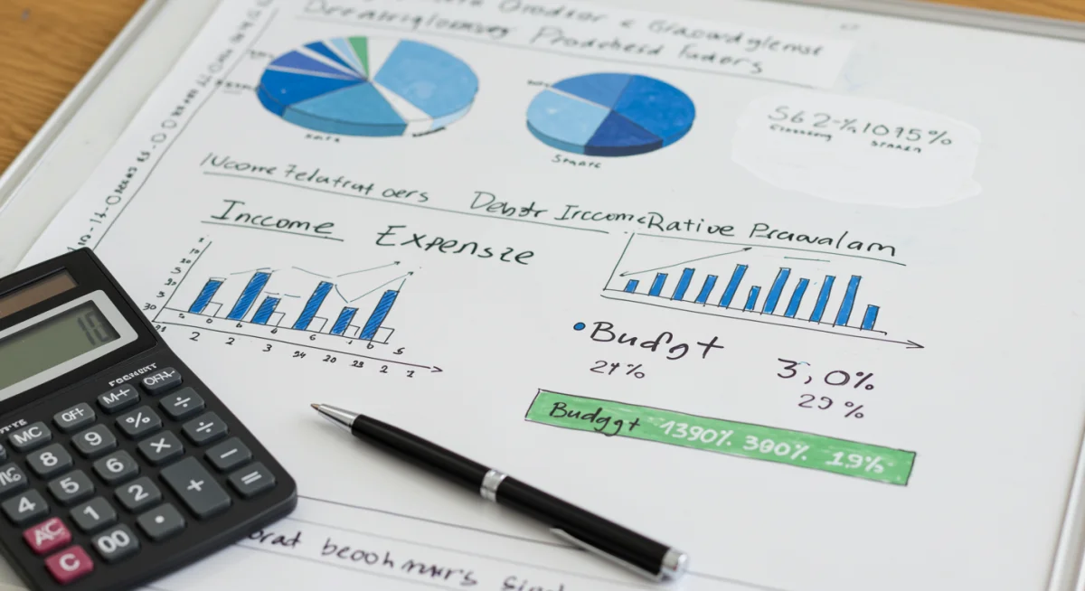 Quadro branco com métricas financeiras, orçamento e planejamento, ilustrando a análise de capacidade de pagamento.