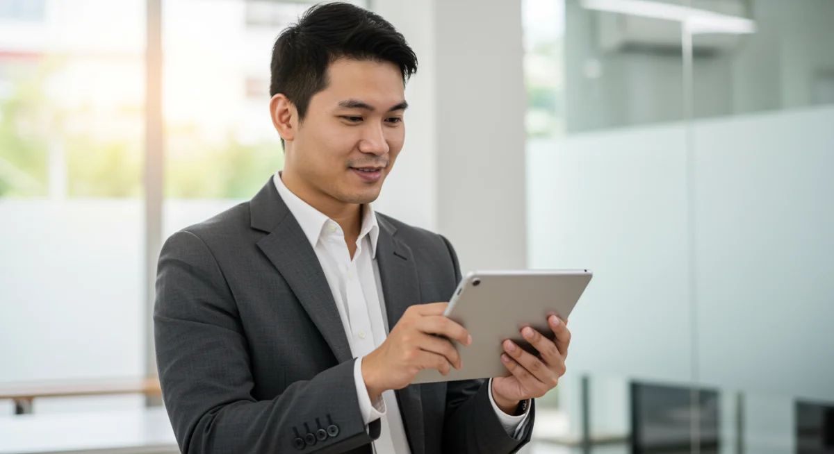 Pessoa analisando relatório financeiro em tablet com expressão confiante, representando planejamento financeiro eficaz.