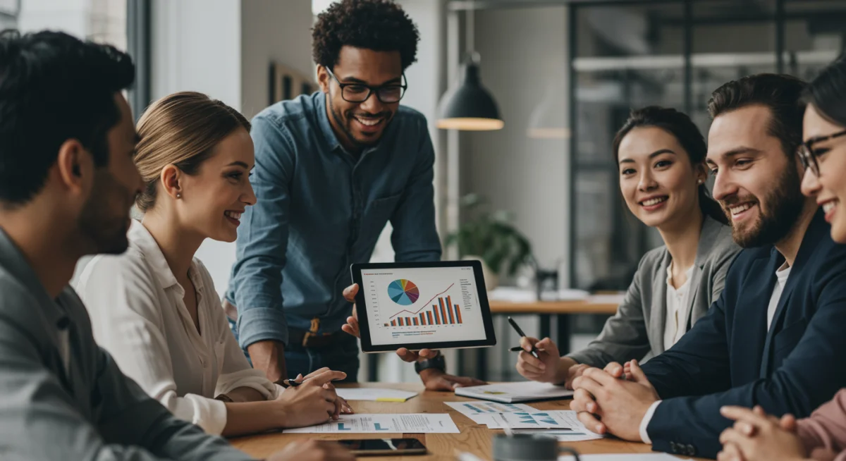 Grupo de pessoas em reunião, discutindo gráficos financeiros positivos, representando planejamento e sucesso com crédito.