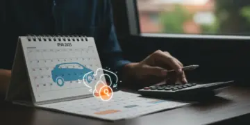 Pessoa planejando o pagamento do IPVA 2025 em um calendário, calculando descontos para evitar multas.
