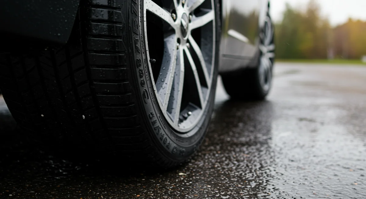 Pneu de carro em excelente estado, com sulcos profundos, em contato com asfalto molhado, ilustrando a importância da manutenção dos pneus para a segurança na chuva.
