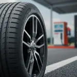 Pneu de carro moderno em close-up, simbolizando economia de combustível e segurança em 2025.