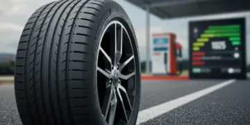 Pneu de carro moderno em close-up, simbolizando economia de combustível e segurança em 2025.