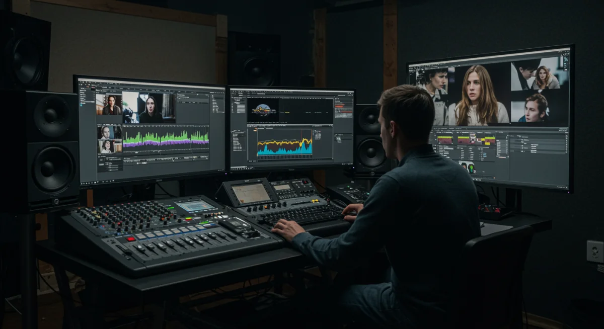 Film editor working on post-production for a short drama in a studio.