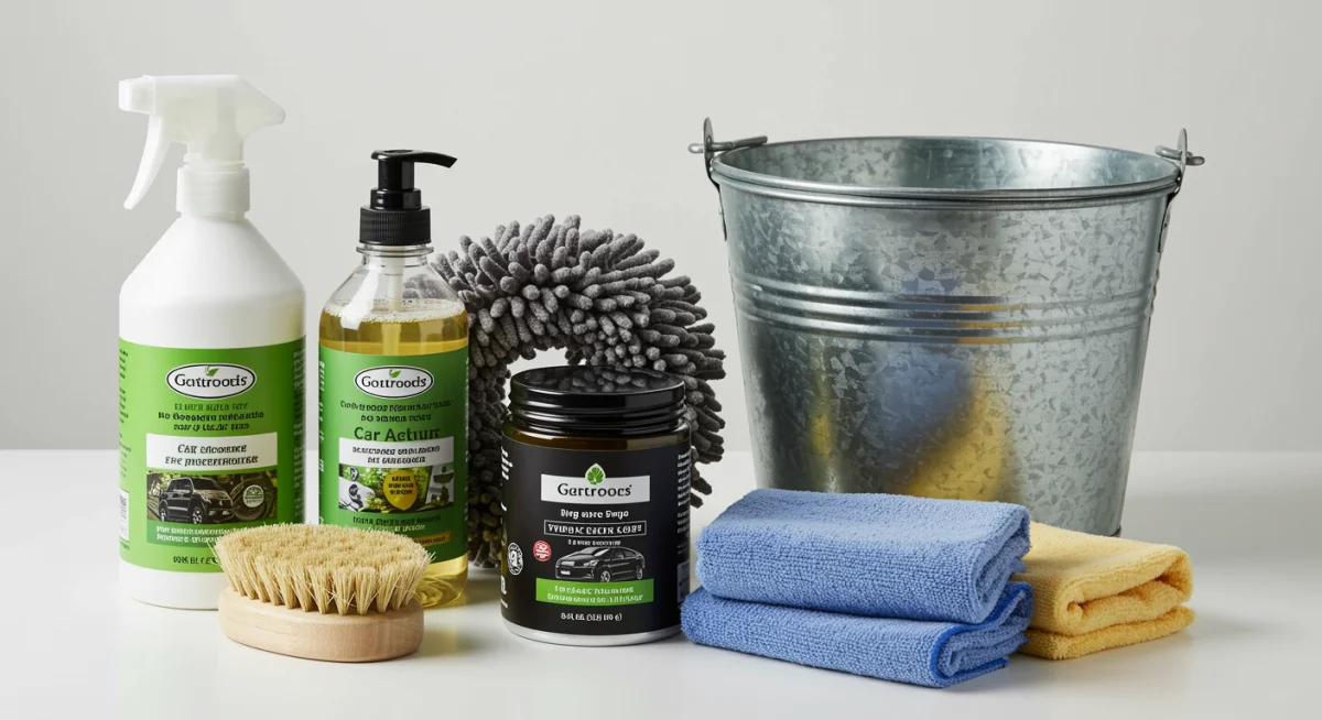 Produtos de lavagem automotiva ecológicos e biodegradáveis dispostos, mostrando opções sustentáveis e econômicas.
