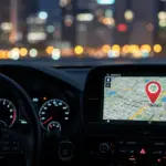 Painel de carro com mapa digital exibindo ícone de rastreamento, simbolizando a tecnologia de rastreamento veicular em um ambiente urbano moderno.