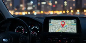 Painel de carro com mapa digital exibindo ícone de rastreamento, simbolizando a tecnologia de rastreamento veicular em um ambiente urbano moderno.