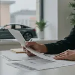 Pessoa analisando documentos financeiros com um carro moderno ao fundo, simbolizando o refinanciamento veicular em 2025.