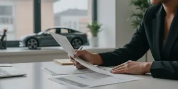 Pessoa analisando documentos financeiros com um carro moderno ao fundo, simbolizando o refinanciamento veicular em 2025.