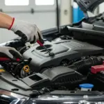 Mecânico realizando revisão veicular obrigatória no motor de um carro moderno