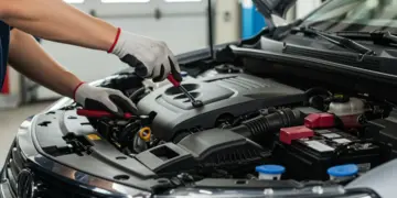 Mecânico realizando revisão veicular obrigatória no motor de um carro moderno
